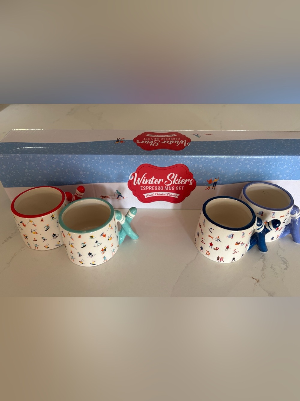 Winter Ski Espresso 4 Mugs Set - White with Multicolor Ski Pattern